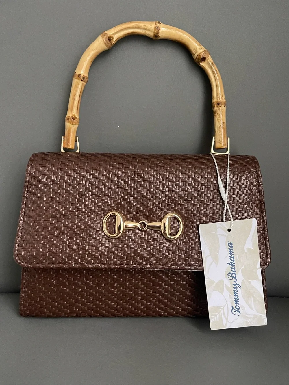 Tommy Bahama Woven Chocolate Brown Handbag  Bamboo Top Handles & GoldChain Strap